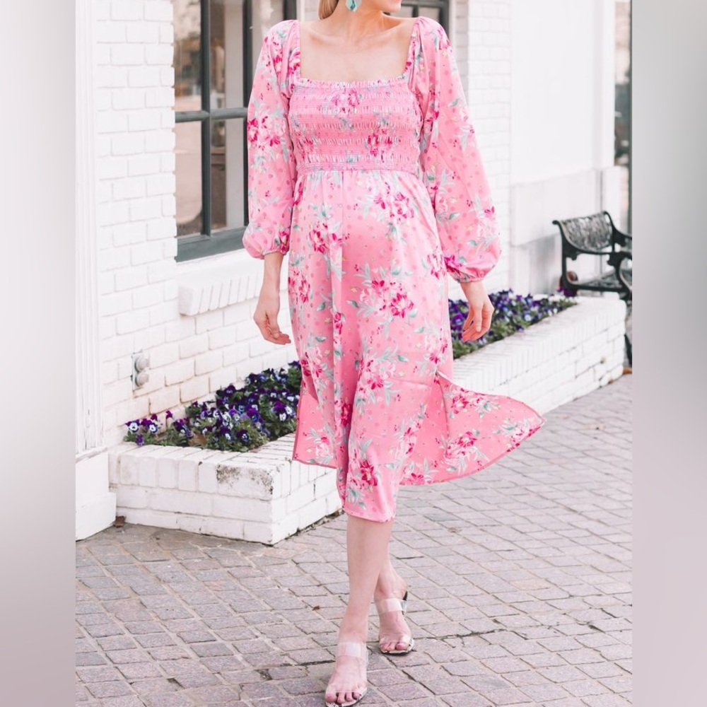 WAYF x Influencing in Color Long Sleeve Smocked Midi Dress Floral